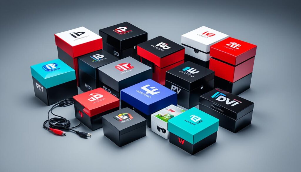 A collection of branded IPTV boxes in different colors, arranged in a neat row with cables and accessories scattered around them. Each box displays the logo of a popular IPTV provider in the UK. Some boxes are matte black while others are glossy or metallic. The cables are mostly black but a few of them have bright colors like red and blue. The accessories include remote controls, power adapters, and HDMI cables. The image has a sleek and modern look with plenty of detail and texture.