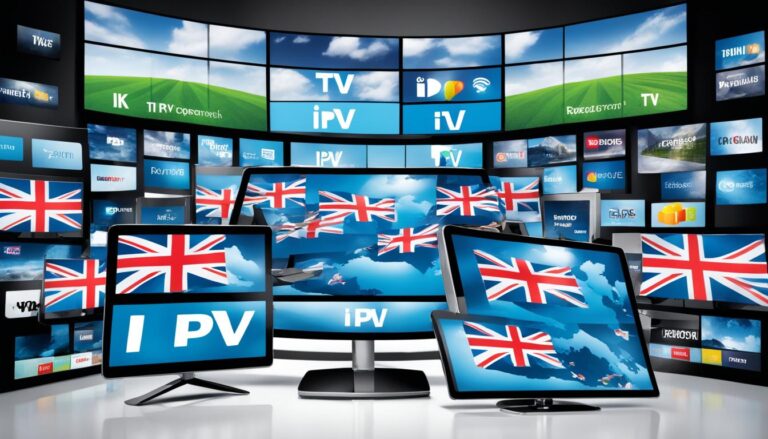 Show a digital landscape of the UK with various electronic devices, such as TVs, tablets and computers, displaying different services for IPTV in uk . Each device should have a different IPTV service playing a distinct channel. The background should be dark to represent the entertainment experience that IPTV services provide.