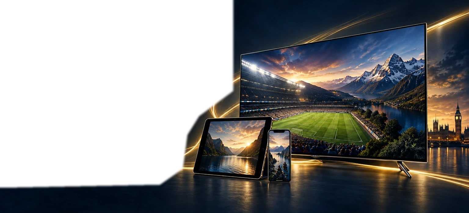 Television, tablet and phone showing a stadium and mountain lake, with gold light trails and the London skyline