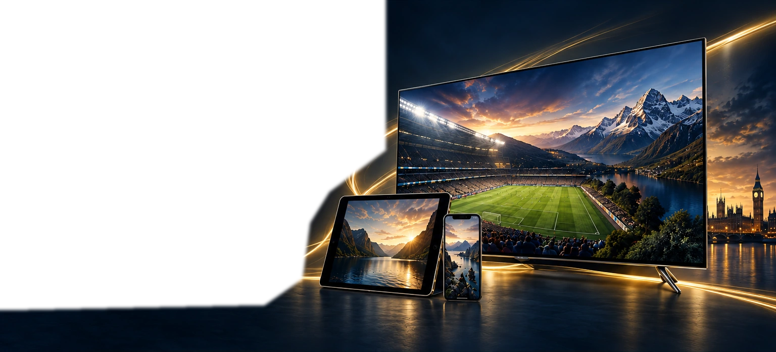 Television, tablet and phone showing a stadium and mountain lake, with gold light trails and the London skyline